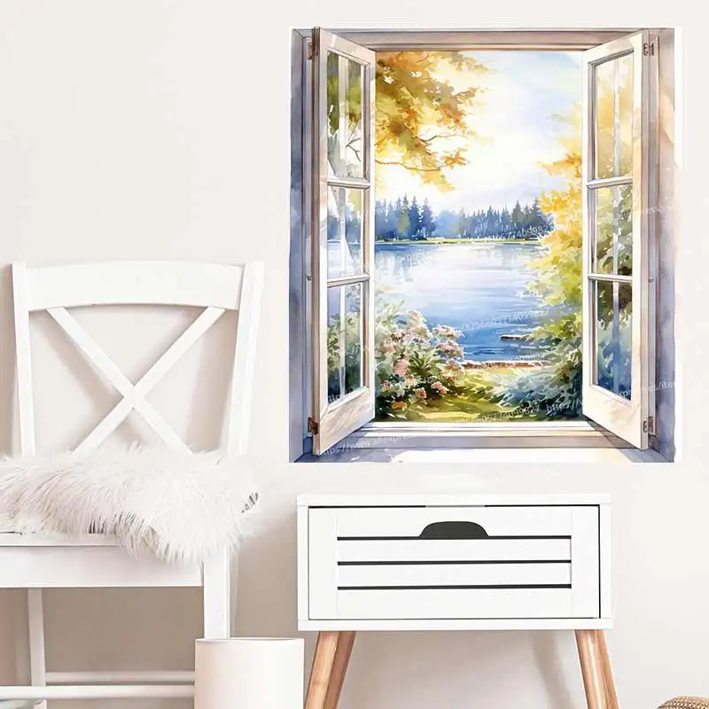 Lake View Window Wall Stickers Kitchen Decoration Dining Room Living Room Cabinet Refrigerator Home Decoration Decals M1474
