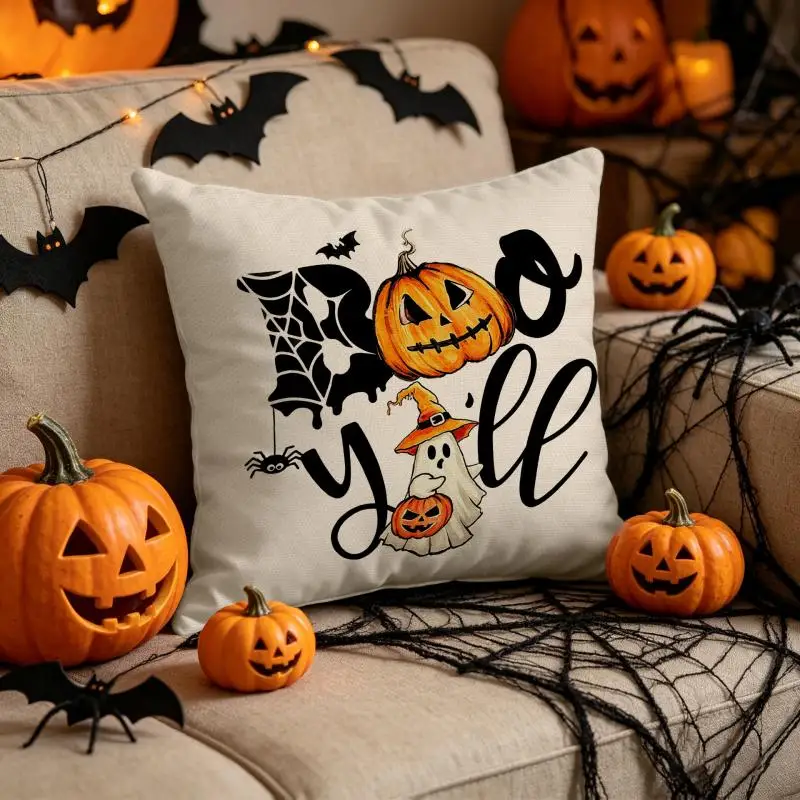 2 Stück Halloween Kürbis-Geist Auto-Print Kissenbezüge aus Polyester für Wohnzimmer-Sofa-Dekoration, Zierkissenbezüge – Detail 8