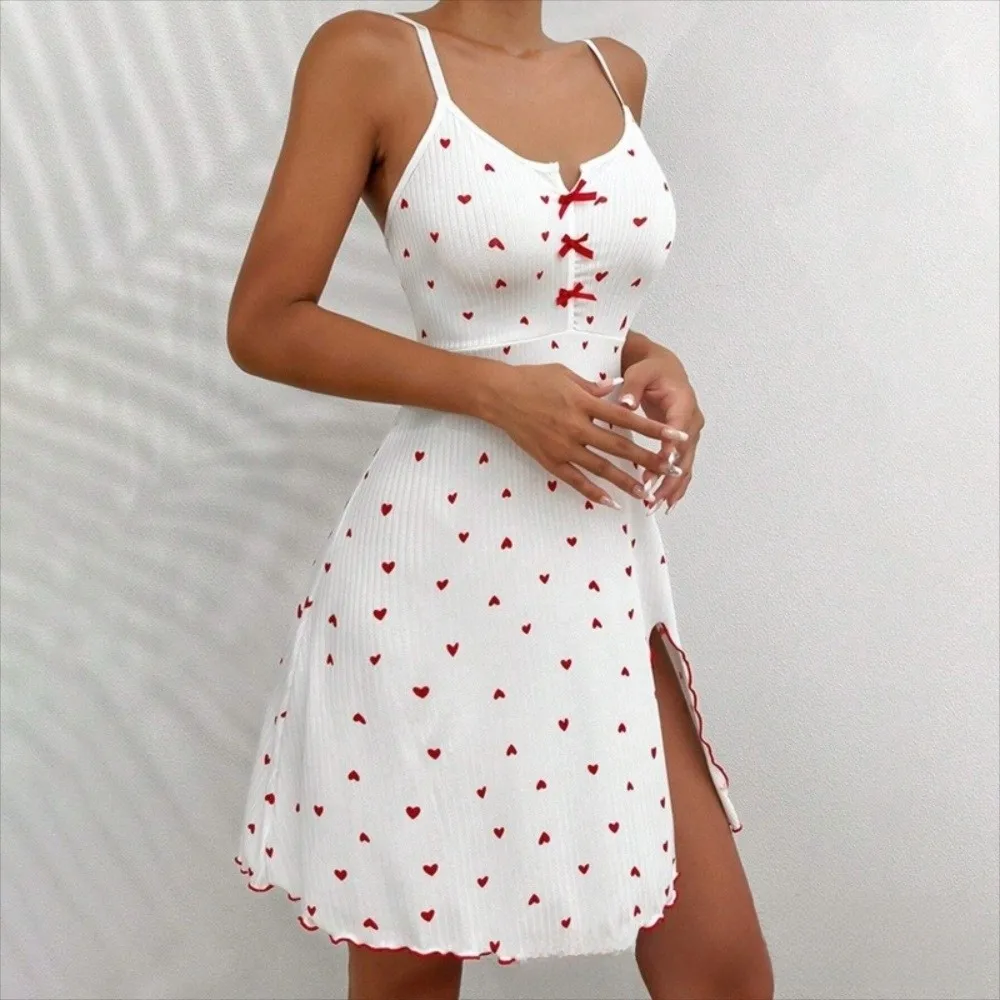 

Fashion Heart Print Sleep Dress Breathable Comfortable Nightgown Sleepwear V-Neck Slit Strap Pajama Women
