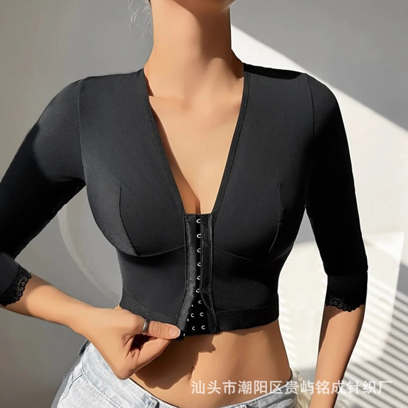Women's Brassiere 3/4 Sleeve Sports Underwear Front-Button Push-Up Girl Bra Plus-Size Shaping Top Lady Bra Chest Body Slimming
