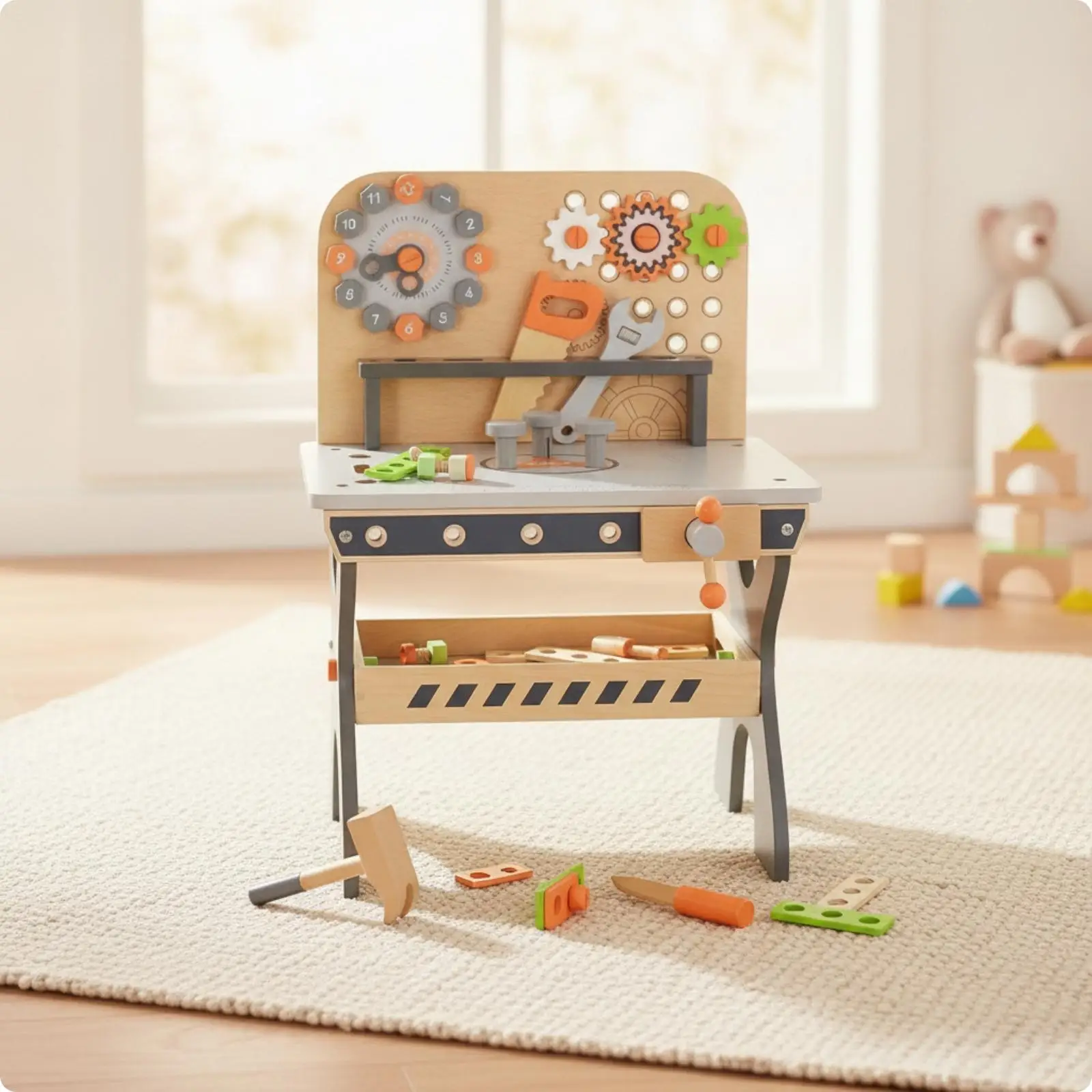 Imaginative Role-Play Toy Workbench With | Fine-Motor Skill Development, Interactive Moving Parts, Wooden Tool Bench with Tools,