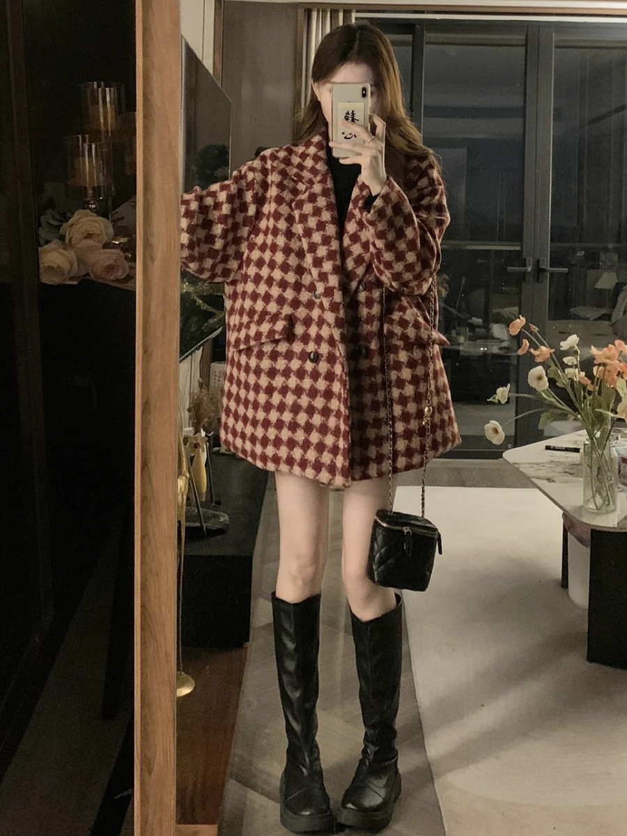 Red Plaid Thiened Woolen Suit Jaet for Women Autumn Winter New Sle Street Faion Large Size Korean Version Commute Pat...