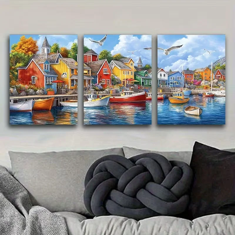 

Colorful Fishing Village Landscape DIY Diamond Painting 5D 3Pcs Diamond Mosaic Art Cross Stitch Kits Diamond Embroidery