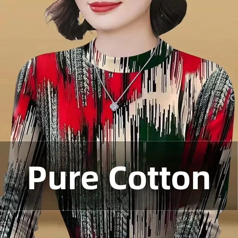 Slimming Print High-End Long Sleeve T-Shirt Women's Casual Style Cover Belly Label Removed Autumn New Fashion Top for Ladies