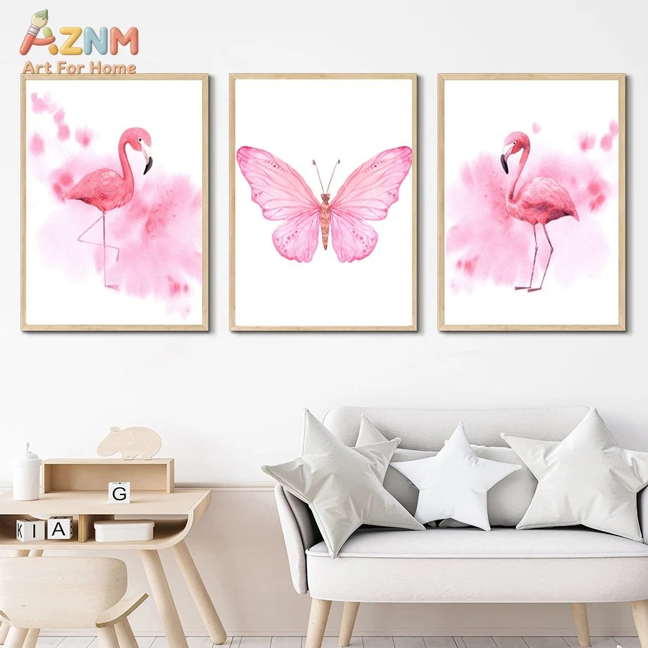 AZNM Watercolor Pink Flamingo Butterfly Canvas Wall Art, Unframed Single Piece HD Print Poster, Cute Animal Nursery Decorative P