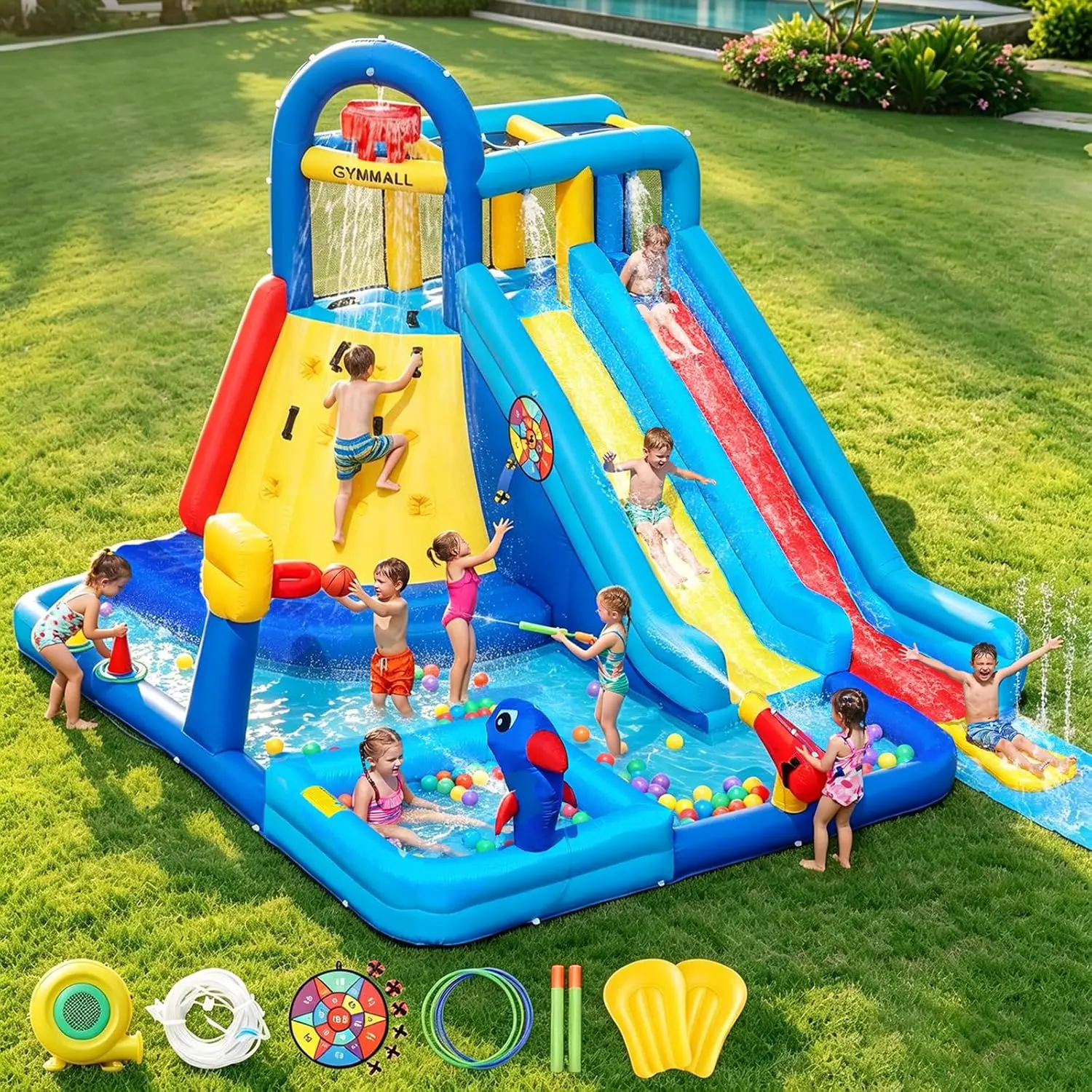 Extra Large Inflatable Bouncy Castle for Kids 3-10: Double Water Slide, Ball Pit, Swim Pool & Climbing Wall, 550W Air Blower Included, Perfect for Birthday Party & Event Fun