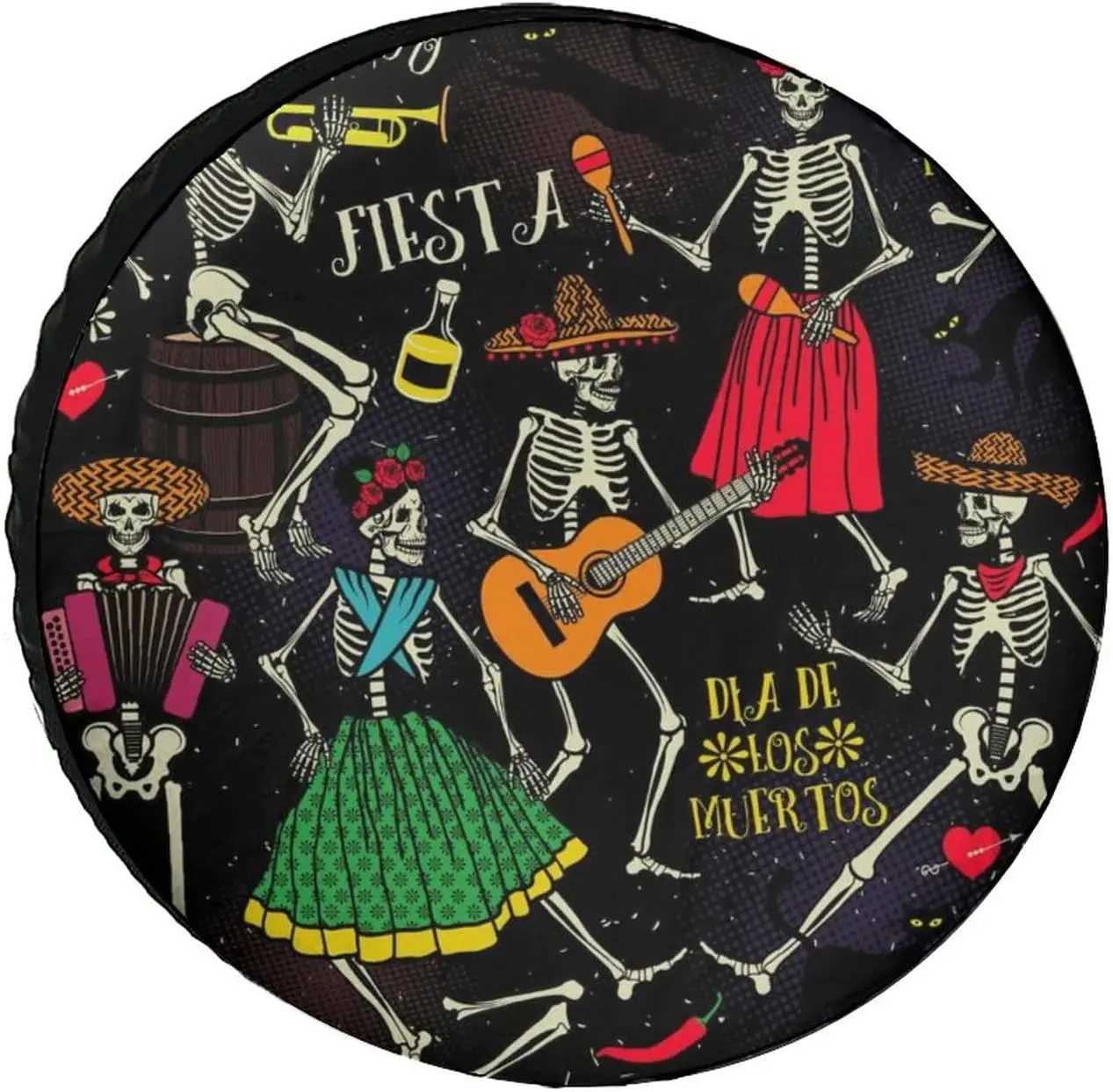 

Skeletons Dance Day of The Dead Dia De Los Muertos Waterproof Tire Cover Universal Spare Wheel Dust-Proof Protectors Fit Trailer