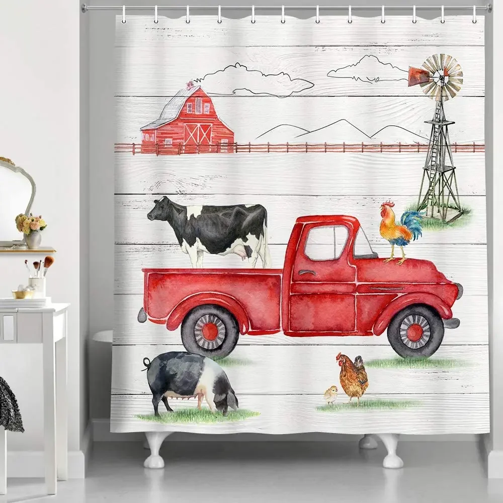 Farmhouse Animal Rooster Pig on Garage Barn Shower Curtains Funny Farm Cow with Rustic Red Truck on Retro Wooden