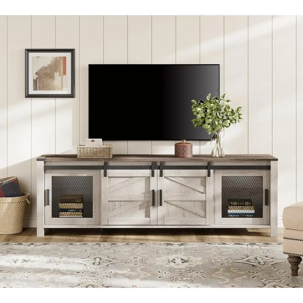 Wooden Entertainment Center for TVs up to 75, Rustic Oak & White, with Mesh Door and Storage Shelves