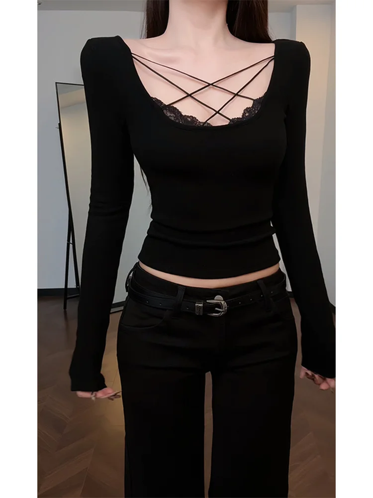 

Женская блузка с длинным рукавом, кружевными вставками и перекрестной шнуровкой, сексуальная, из смесового полиэстера и спандекса, дышащая, влагоотводящая.