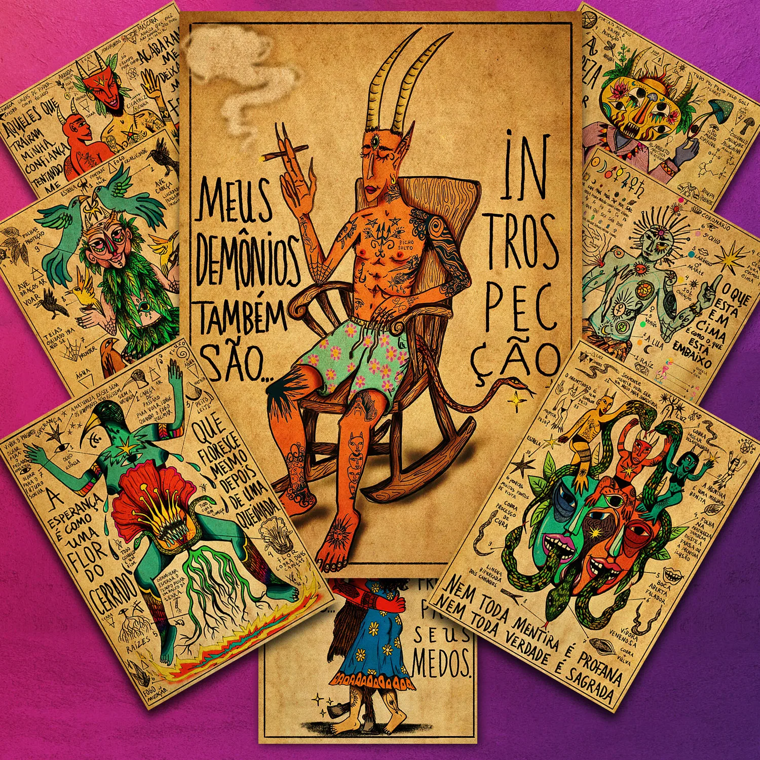 شيطان الانعكاس وتعلم خمر جدار الفن قماش الطباعة ، مضحك وثنية السحر الرسوم التوضيحية ملصق فني طباعة ديكور