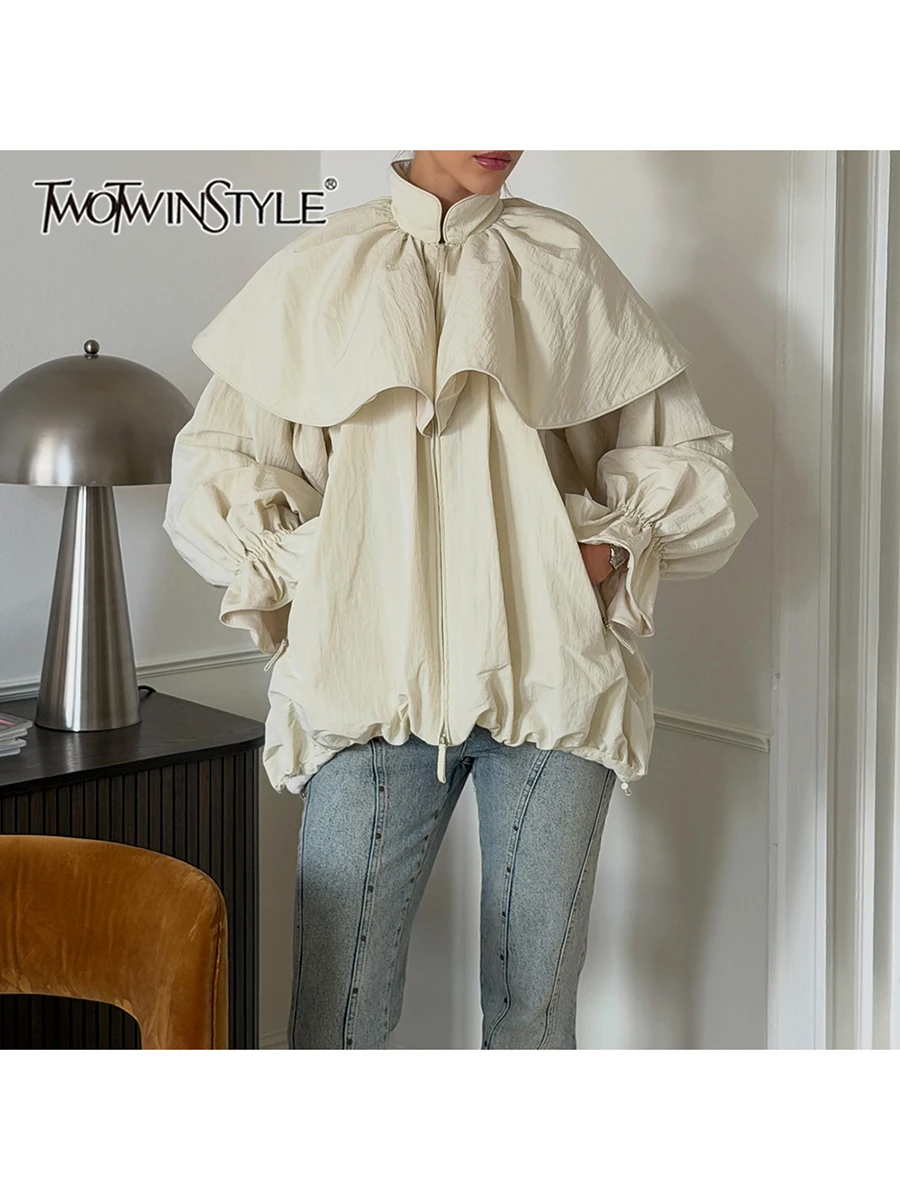 TWOTWINSTYLE Ruffled Spliced Zipper Loose Jacket for Women Stand Collar Long Sleeve Patchwork Pocket Casual Jackets Female Style