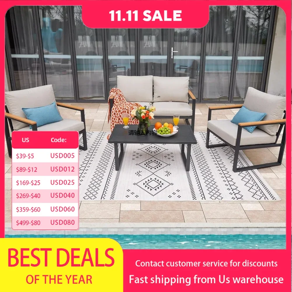 Patio furniture set, 4 pieces of outdoor patio furniture with coffee table set with washable and highly resilient sponge pads