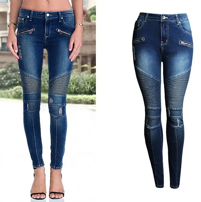 Imagem -03 - Jeans Plissado com Zíper Múltiplo de Motocicleta com Furos Calça Lápis Magro Feminina Cintura Elástica Estilo Jeans