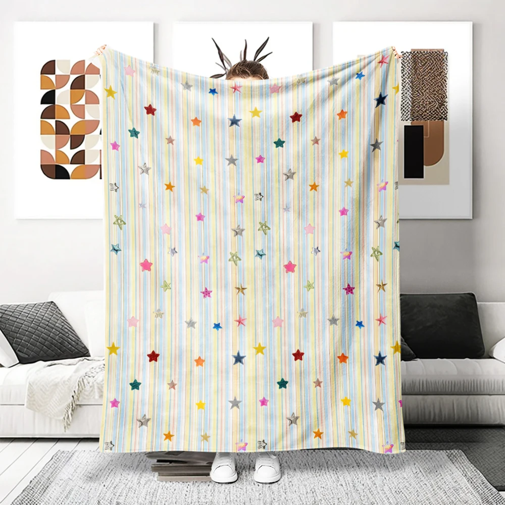 Pastel Stripes Stars Flannel Blanket Perfect For Sofa Office Bed Travel Sleep Read Relax Camping Four Season Use