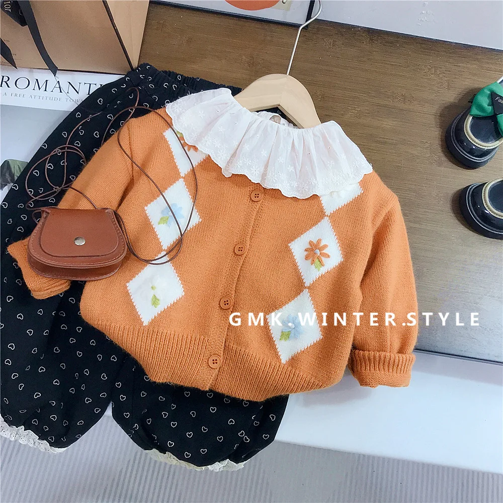 Girls' handmade sweater cardigan for autumn and winter, Korean diamond knitted sweater top, floral drawstring pants