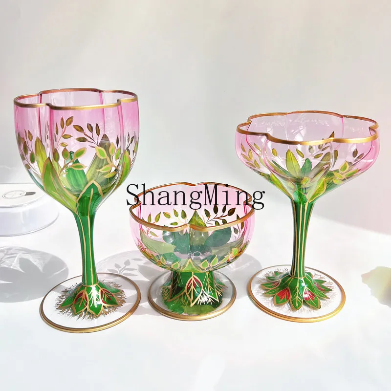 

CL medieval glass champagne glass crystal hand-painted ice cream bowl retro tall red wine