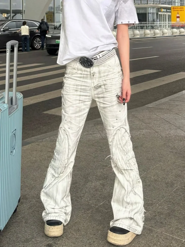 2026 Cyber Y2K Streetwear Dirty Washed White Baggy Women's Flared Jeans Pants For Woman Clothing Wing Embroidery Long Trousers
