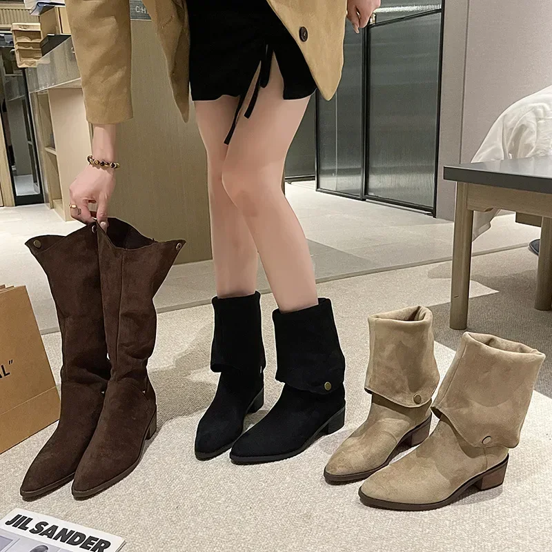 Western Cowboy V-Notch Adult Women's Shoes PU Leather Cotton Lined Mid-Calf Boot Two-Way Wear Faux Suede Long Riding Boots