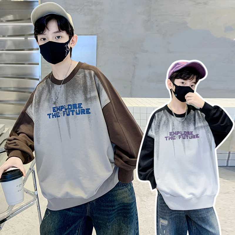 

New Autumn Teens Boy Sweatshirt For Kids Pullover Long Sleeved Vintage Patchwork Top High Street Sweat-shirt Child Streetwear