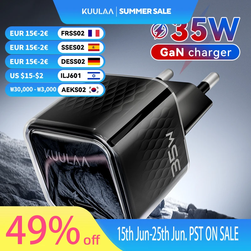 

KUULAA 35W GaN Charger Type C USB C PD Fast Charging For iPhone 16 15 14 13 12 11 Pro Max For iPad Pro Air iPad Huwei Xiaomi