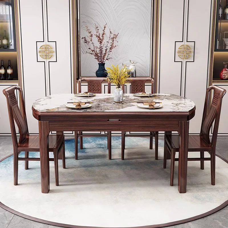 Ebony Rock Plate Dining Table Retractable New Chinese Luxury Solid Wood Rectangular Mueble Para Cocina Round Dining Table