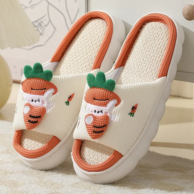 Cute Cartoon Bunny Cotton Linen Slippers Women Summer Breathable Platform Slides Floor Mute Slippers Kawaii Flip Flops