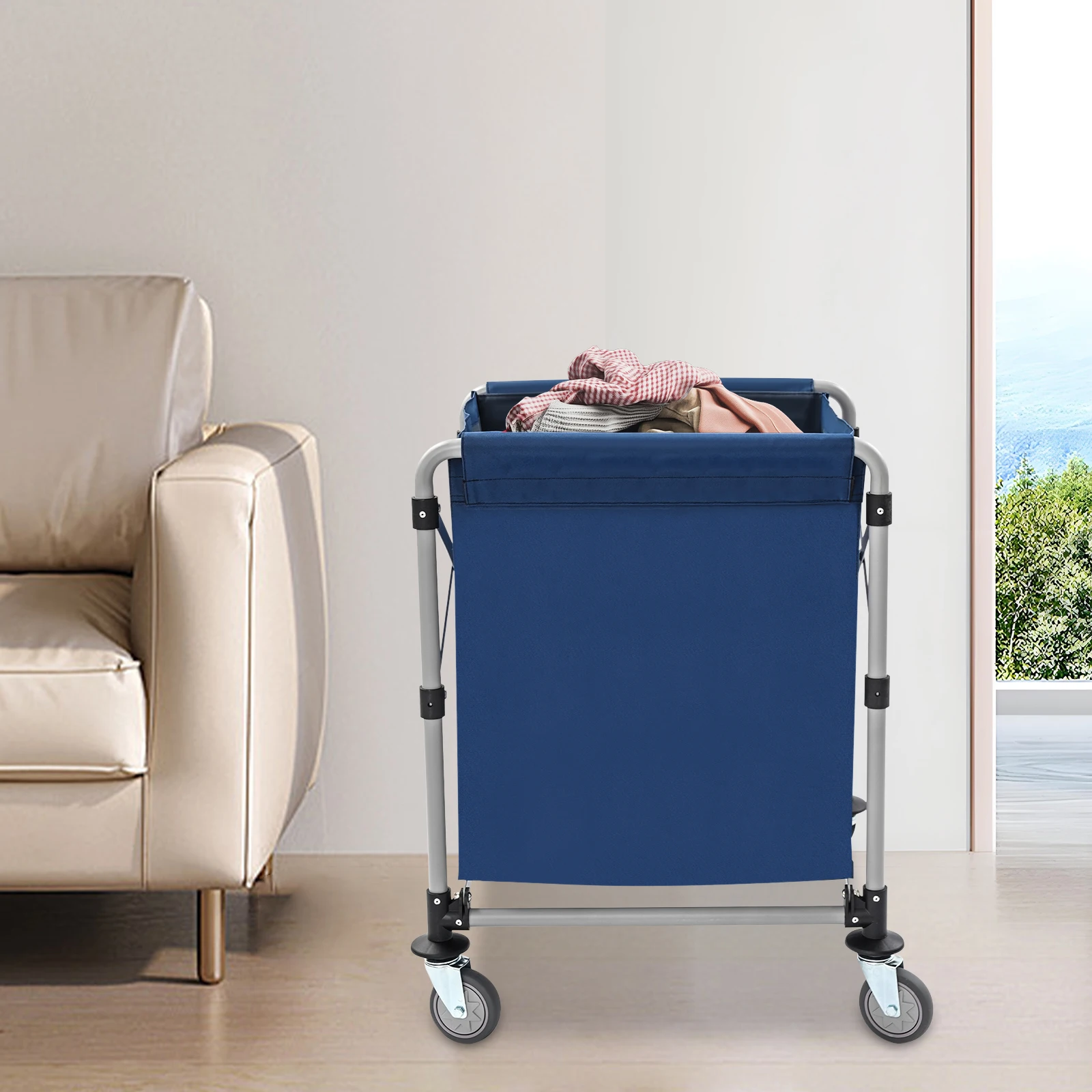 ตะกร้าซักผ้าพับได้โครงเหล็กผ้าอ็อกซ์ฟอร์ดสีน้ำเงิน ขนาด 60*60 ซม. พร้อมล้อเบรก รับน้ำหนักได้ 220 ปอนด์ สำหรับใช้ในเชิงพาณิชย์