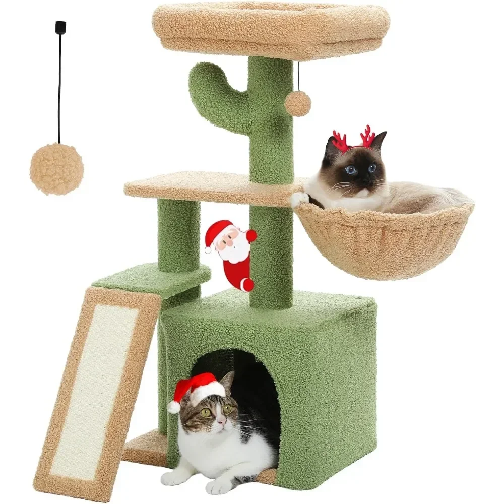 

Cozy Hammock and Removable Top Bed Perch for Kittens Cats Toy 31.5'' Cute Cat Tower Cat Condo With Sisal Scratching Ramp Green