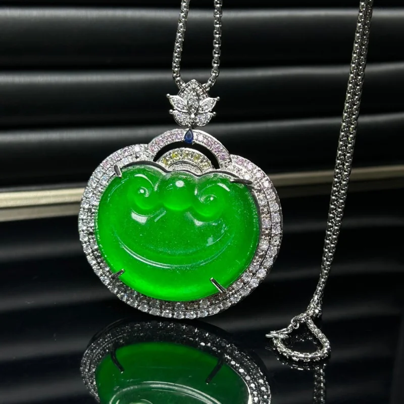 

Certified natural Perfect High Ice Green Jade Jadeite ruyi Pendant&NecklacesLock of good wishes