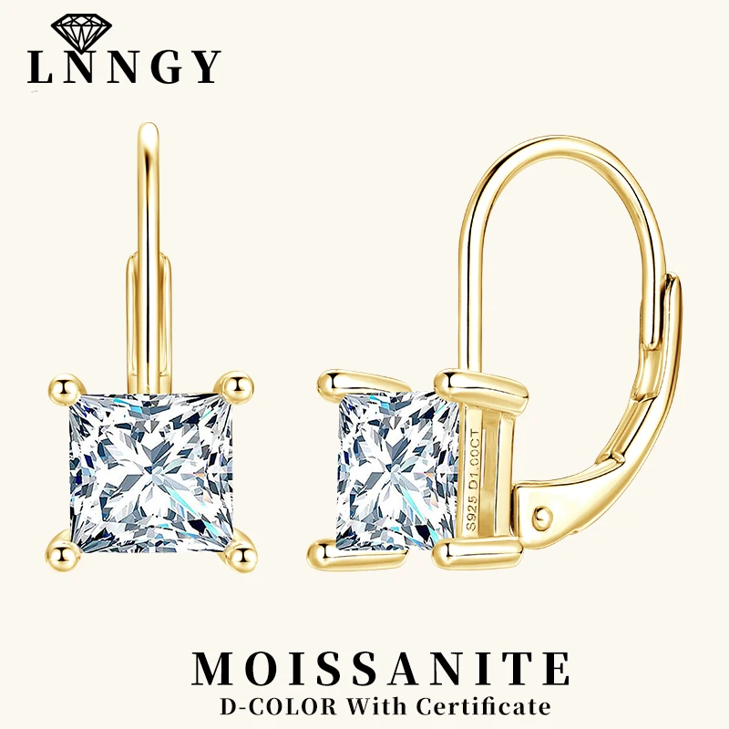 

Серебряные серьги-кольца Lnngy 925 пробы с сертифицированным муассанитом огранки «Принцесса» 1,0 карата для женщин, свадебные украшения, подарок