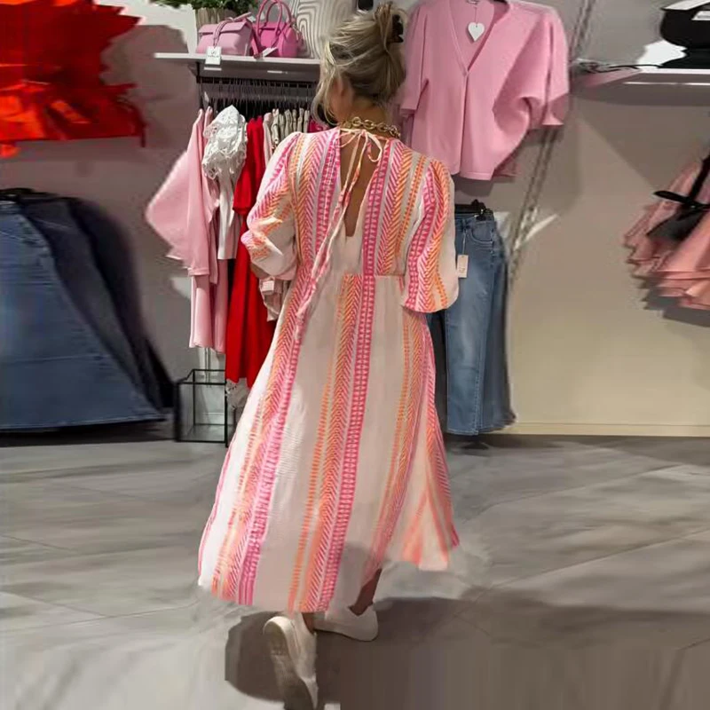 Letnie sukienki maxi dla kobiet z dekoltem w szpic w paski z nadrukiem na wakacje na plaży dla kobiet w kształcie litery A na imprezę luźna długa sukienka plus size