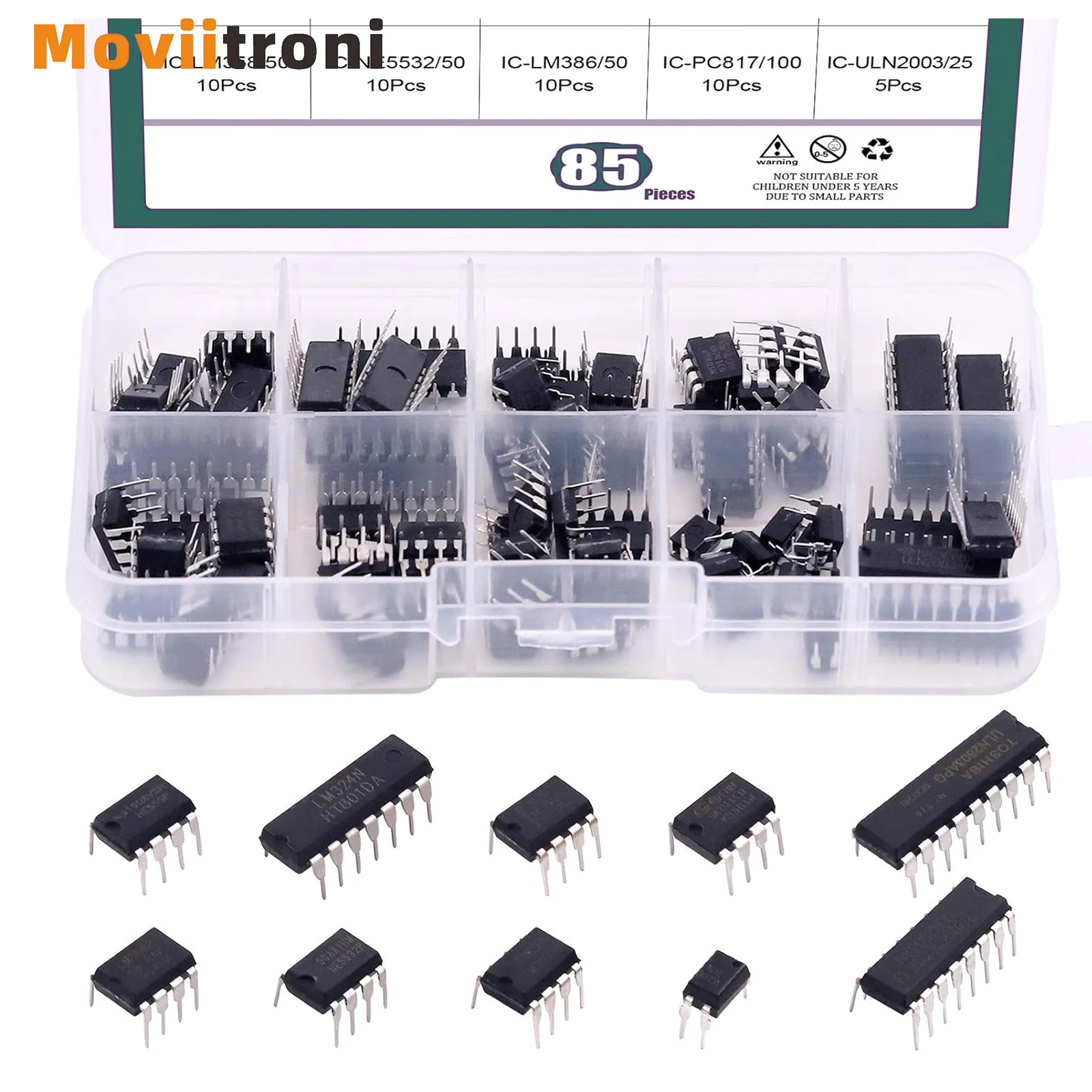 85Pcs 10 Types Integrated Circuit chip Assortment Kit,LM Series Dual/Quad Operational Amplifier Opamp, Single Precision Timer