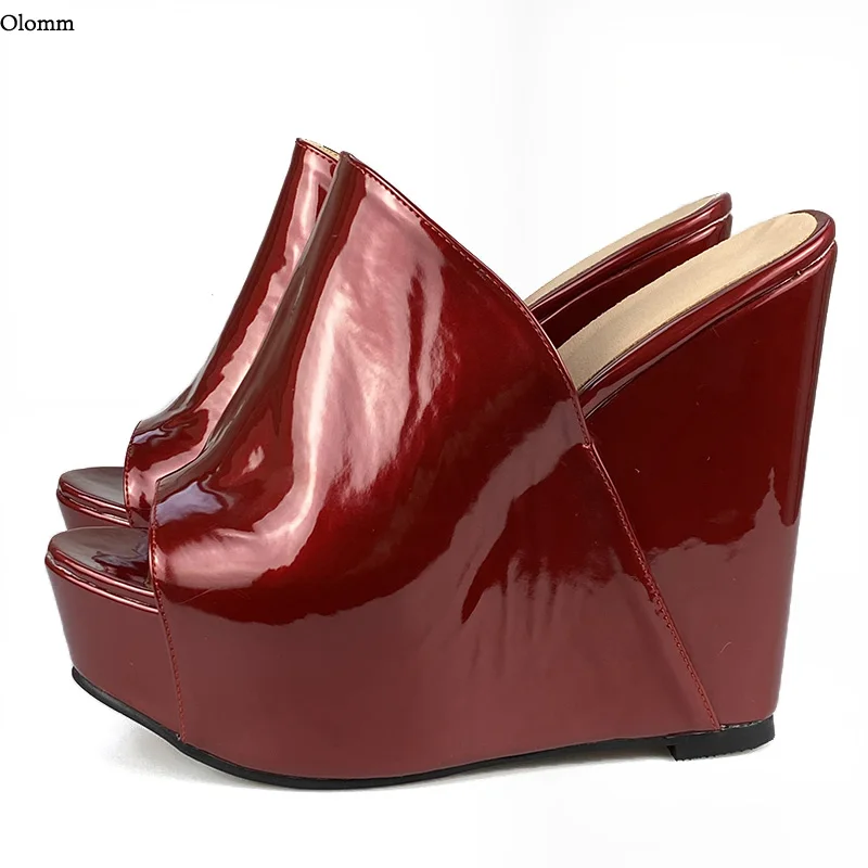 

Olomm New Women Platform Mules Sandals Wedges Heel Open Toe Gorgeous Dark Red Black Green Sky-Blue Shoes Women US Plus Size 5-20