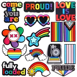 1pcs Rainbow Style PVC Shoe Charms Decoration Proud Pride Meteor Love Designer Shoe Accessory Pins fit Kids X-mas Gift
