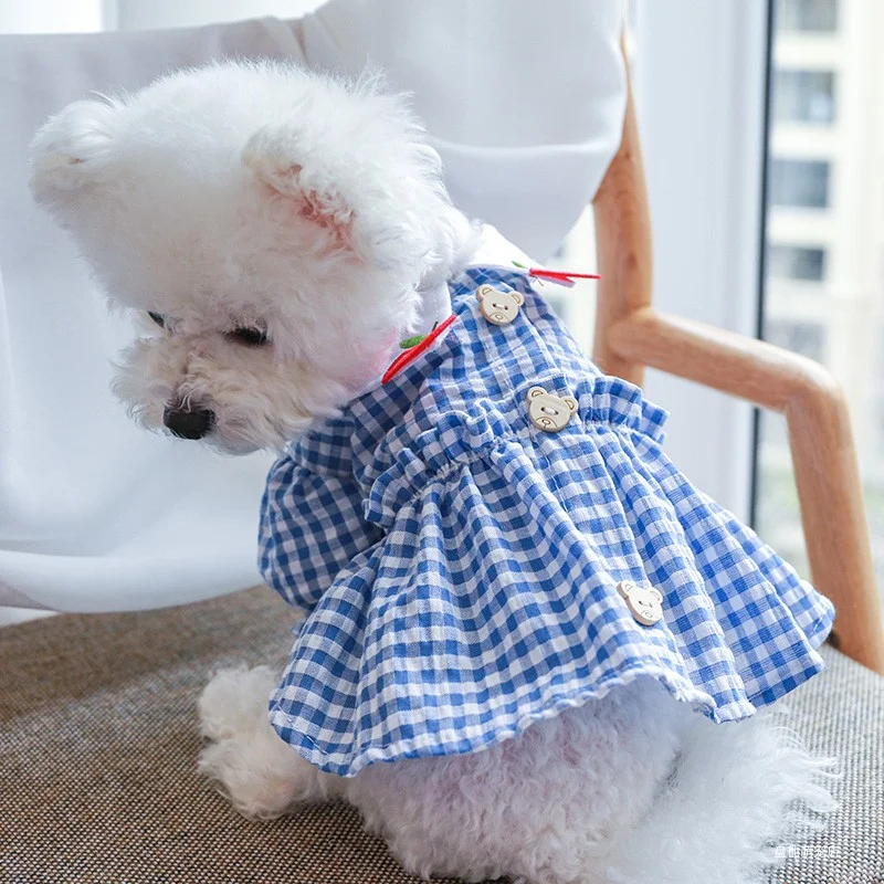 1PC Pet Apparel Cat Spring/Summer Thin Breathable Blue Plaid Apple Bear Princess Dress Suitable for Small and Medium Dogs