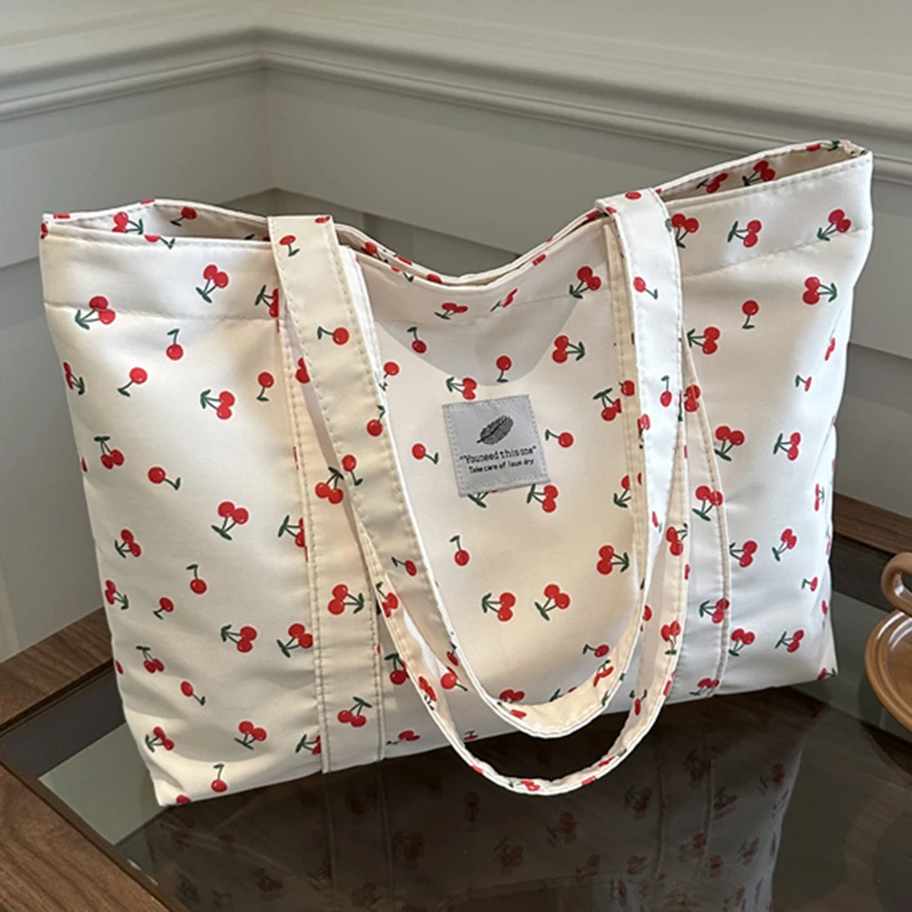 Cute Cherry Strawberry Print Casual Tote Bag Large Capacity Satchel Purse Nylon Shoulder Purse Grocery Bag for Women