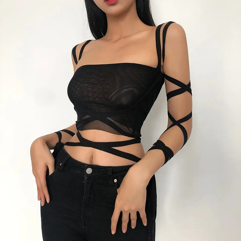 

2024 Y2k Black Mesh Lace Tie Crop Top Spring and Summer New Style Women's Solid Color Navel Fashion Navel Sling Sexy Small Vest