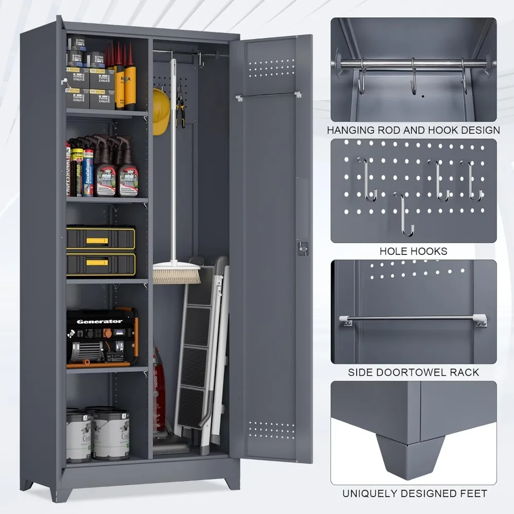 ตู้เก็บของโลหะทรงสูงมีประตู ตู้เก็บไม้กวาดพร้อมแผ่นเพ็กบอร์ดแบบถอดได้ ราวแขวน และตะขอรูปตัว S เพื่อการใช้งานที่สะดวก