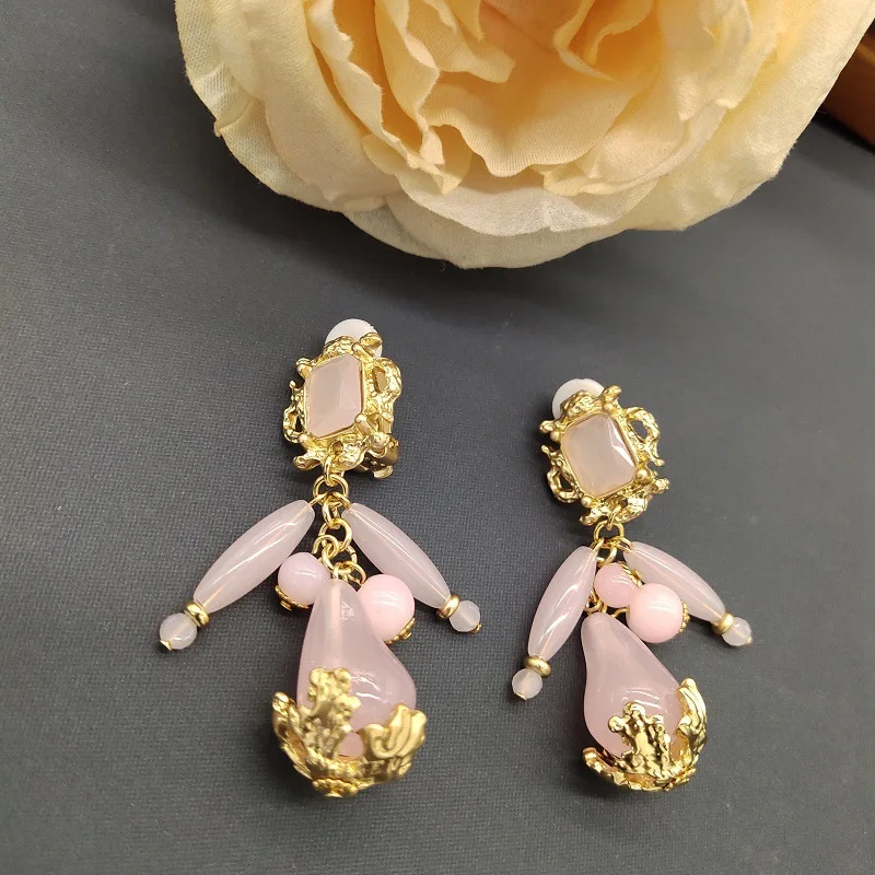 

Vintage Pink Crystal Drop Earrings For Women Jewelry Runway Party T Show Fancy Trendy Boho INS Japan Korea