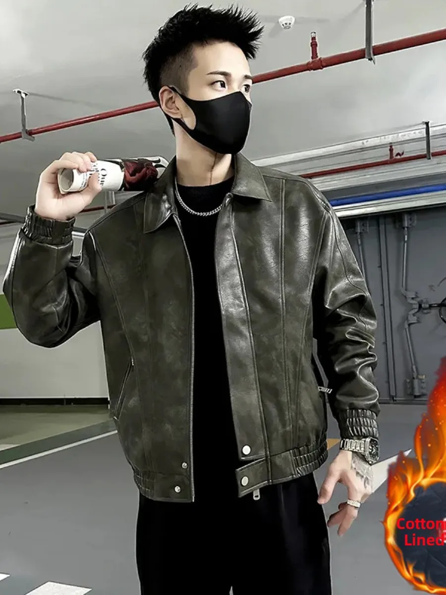 

Утепленная кожаная куртка мужская осенне-зимняя с воротником-стойкой, в байкерском стиле, рабочая, модная, Cleanfit, с длинными рукавами, на молнии