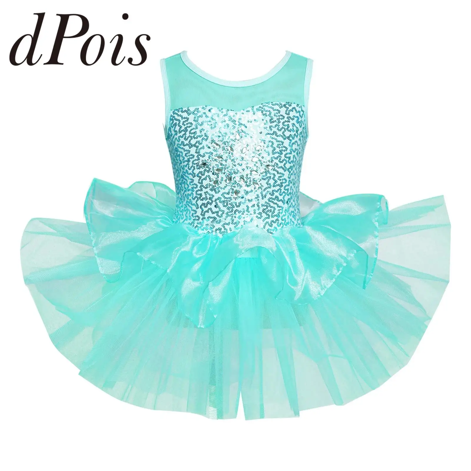 

Kids Girls Ballet Tutu Dress Sequins Mesh Tulle Gymnastics Leotard Teens Performance Dance Wear Children Lyrical Dancing Costume