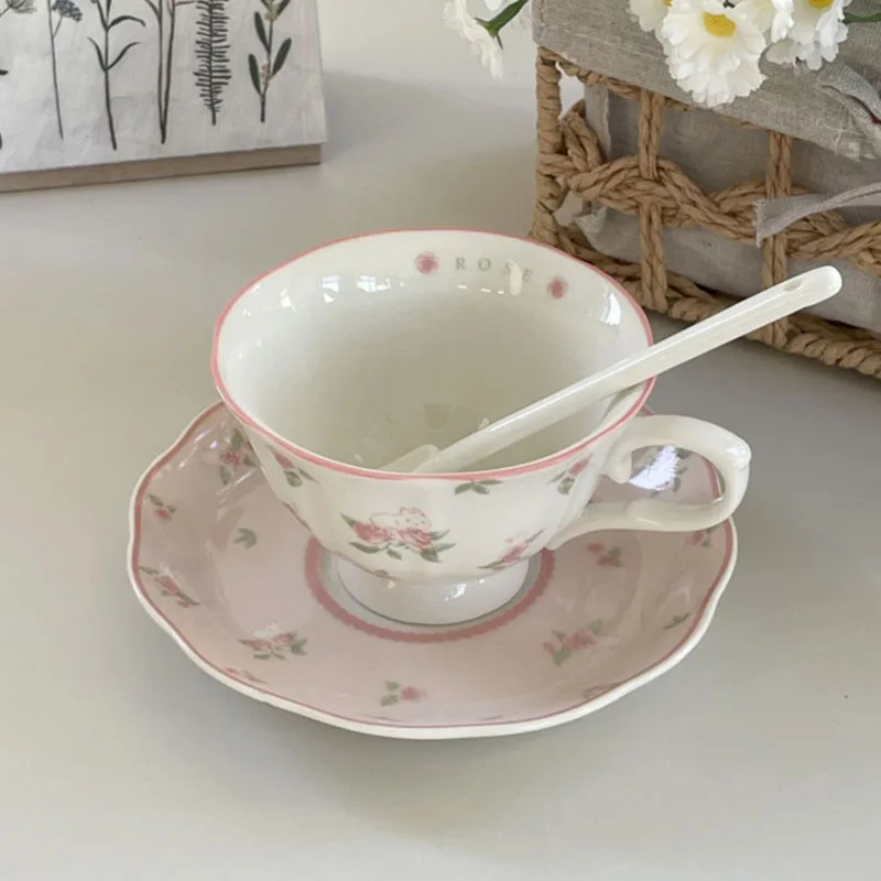 

French Coffee Cup Set Exquisite Pink Floral Handle Mug Plate 2Pcs Suit High-end Vintage Coffee House Afternoon Tea Drinkware
