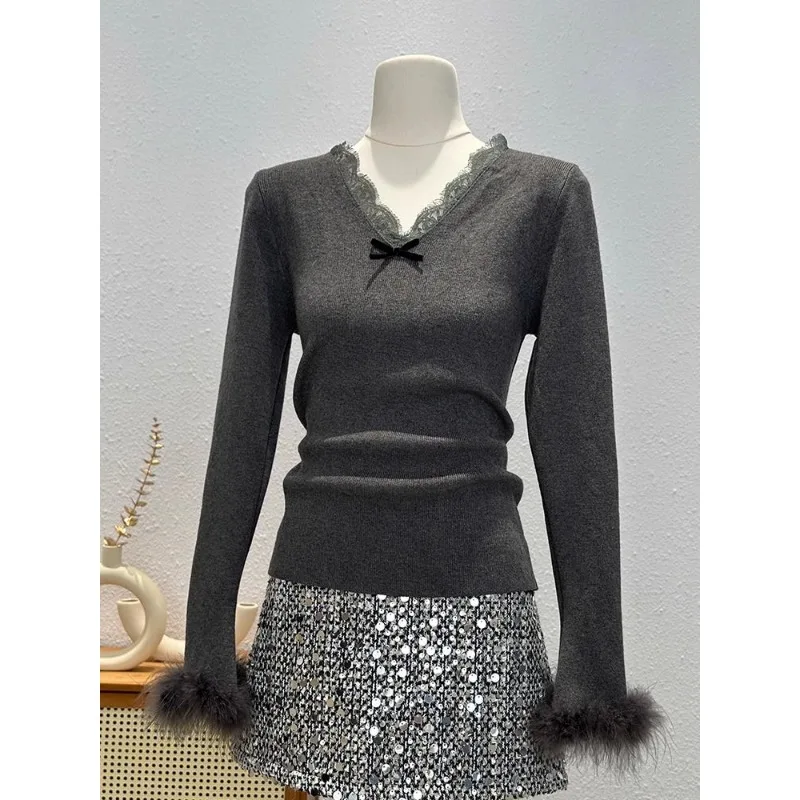 

Стильный и шикарный дизайн, немецкий флисовый свитер с v-образным вырезом и кружевными краями для женщин, осенне-зимняя меховая облегающая рубашка, универсальный топ