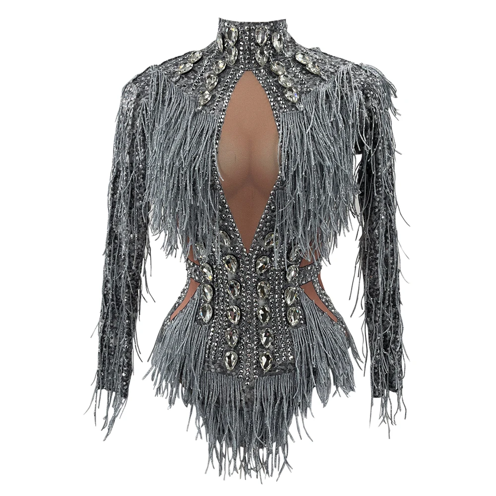 

Sparkly Silver Crystals Tassel long sleeve sexy Latin Dance parkling Nightclub Party Birthday bodysuit Singer Stage