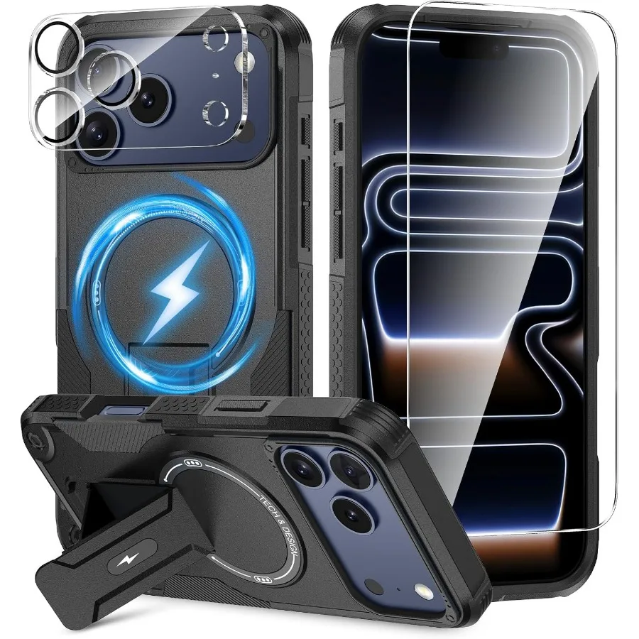 

3 in 1 Protective Magnetic Phone Cover for iPhone 17 Pro Max with MagSafe Compatibility Invisible Kickstand HD Screen Protector