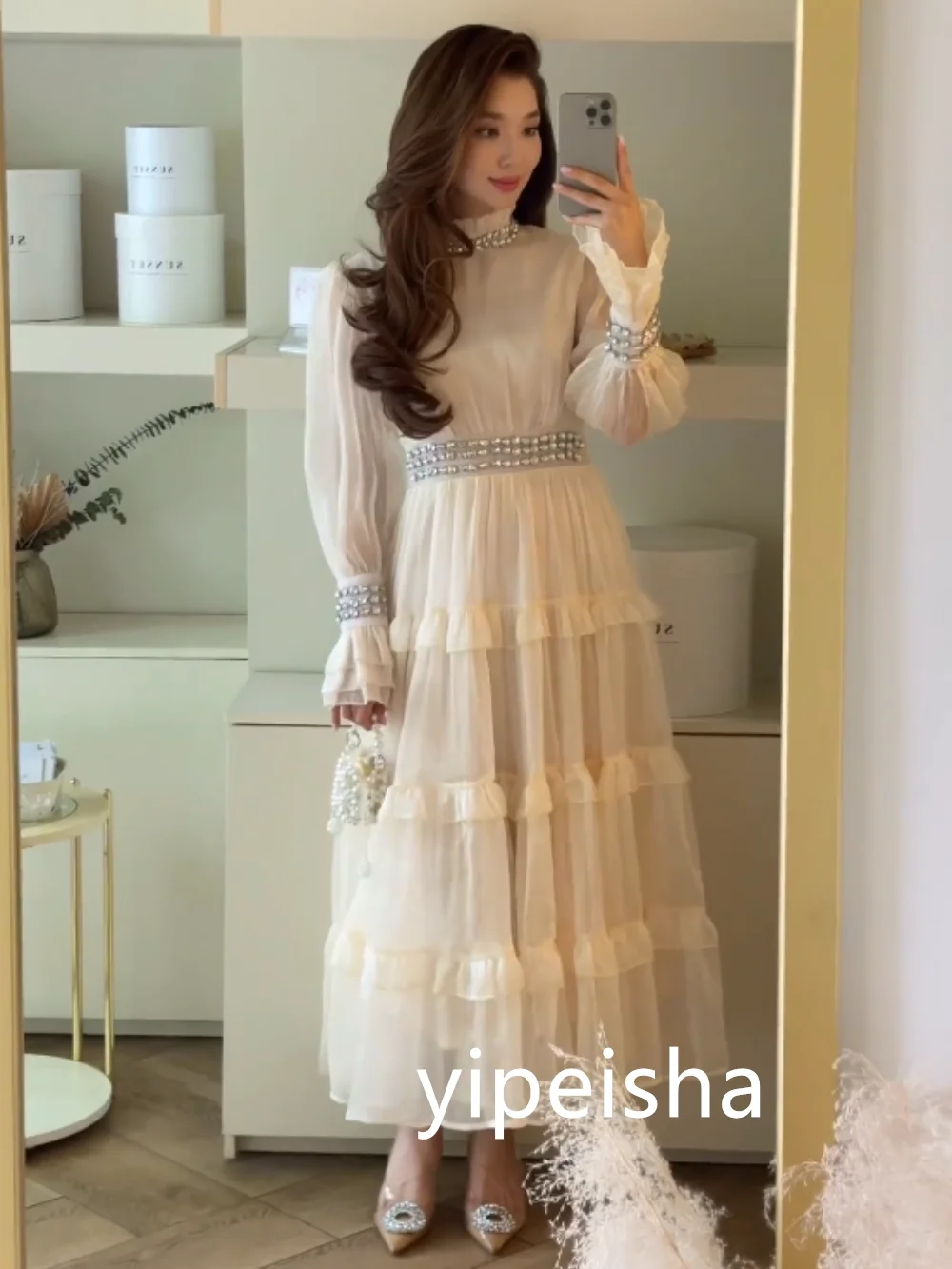 Customized Chinese Style Net Pleat A-line High Collar Midi Dresses Prom Dresses Classic Exquisite Modern Style Pastrol Unisex Fo