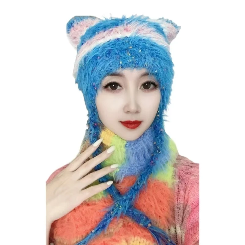 Cute Cat Ear Knitted Hat Korean Version Imitation Mink Plush Hat for Women Winter Warm Ear Protection Cap Trend Beanies