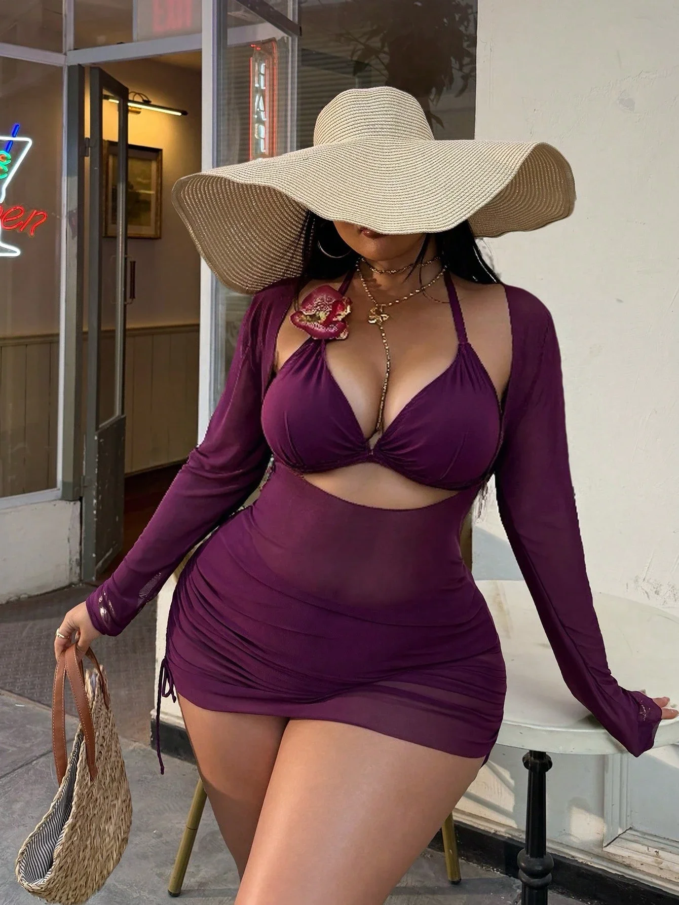 

Purple Floral Accent Halter Neck Bikini Set With Sheer Cover Up