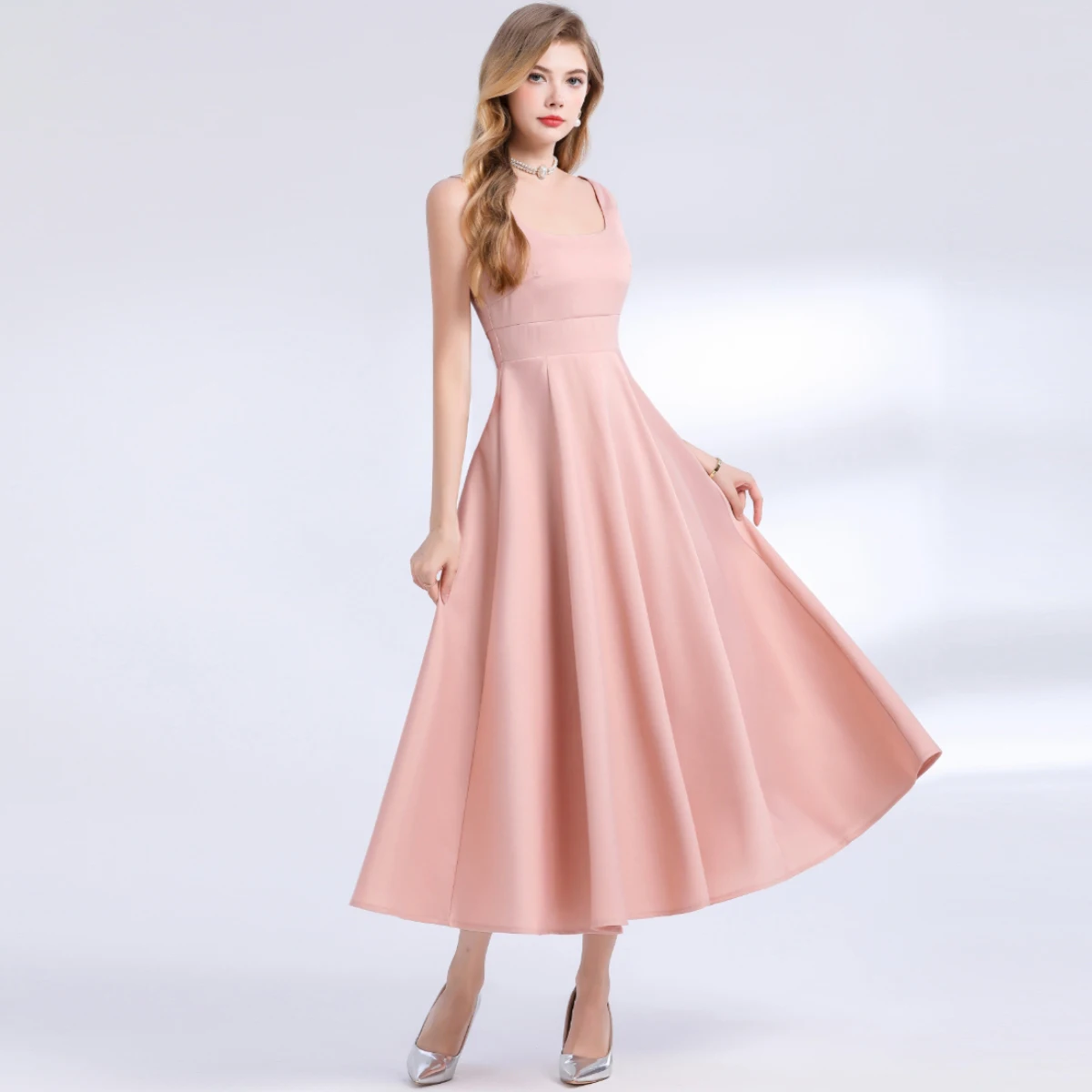 여성용 드레스 새로운 우아한 민소매 스퀘어 칼라 여성 드레스 슬림 보우 A-LINE 드레스 여성 Vestidos De Verano Mujer Q1958